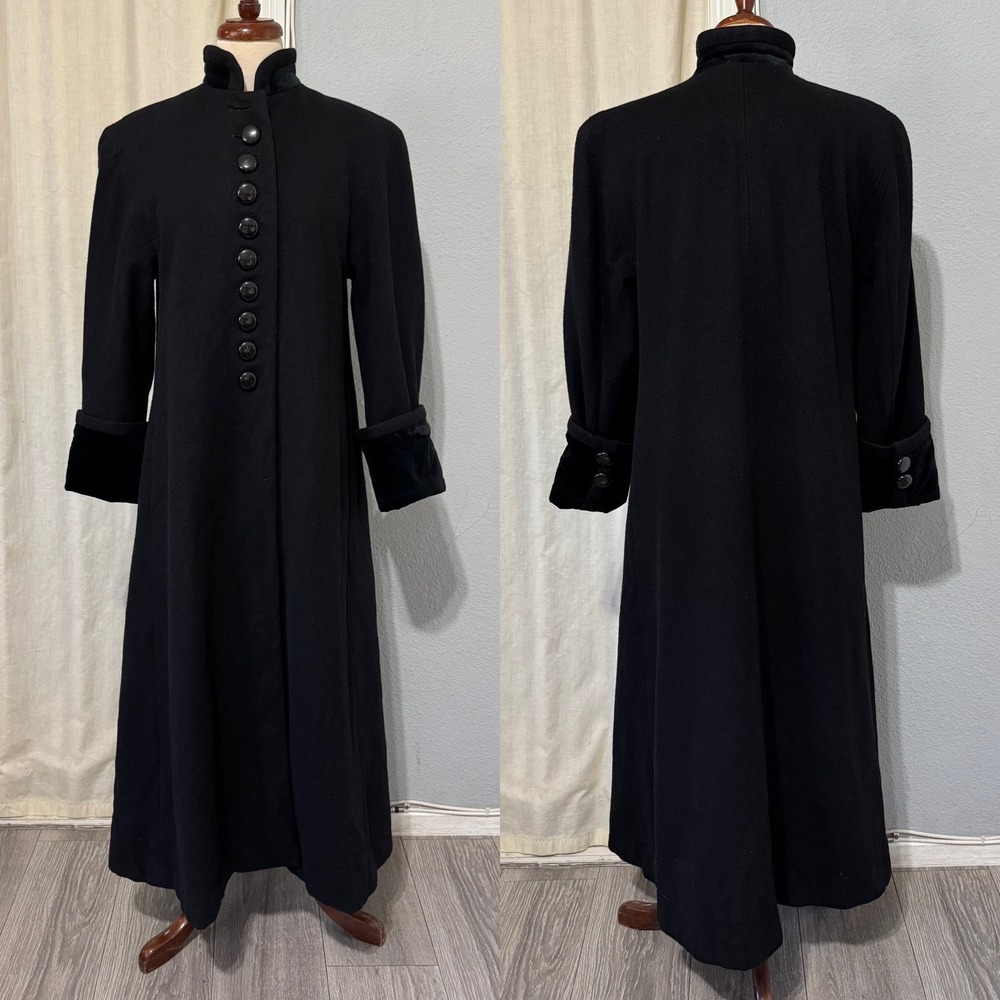 Donnybrook Victorian‎ Black 100% Wool Maxi Coat Velvet Trim Mandarin Collar Sz 2